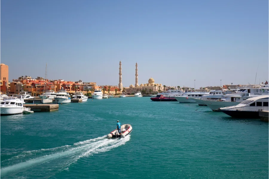 Boats moored in a marina in Hurghada
