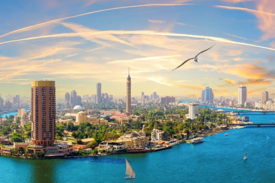 Cairo Tower and riverside buildings beside the Nile