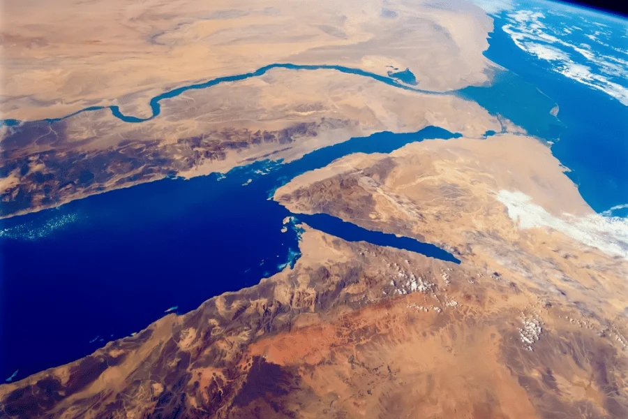 Satellite view of the Nile River Delta, Red Sea, and Mediterranean Sea from space