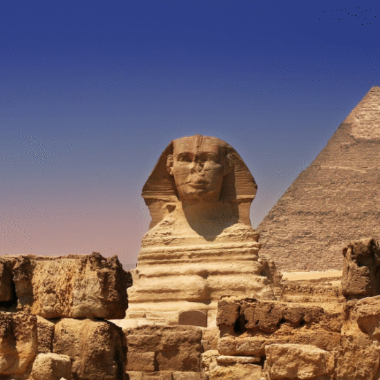 The Great Sphinx of Giza in Egypt – ancient limestone statue guarding the Pyramids of Giza.