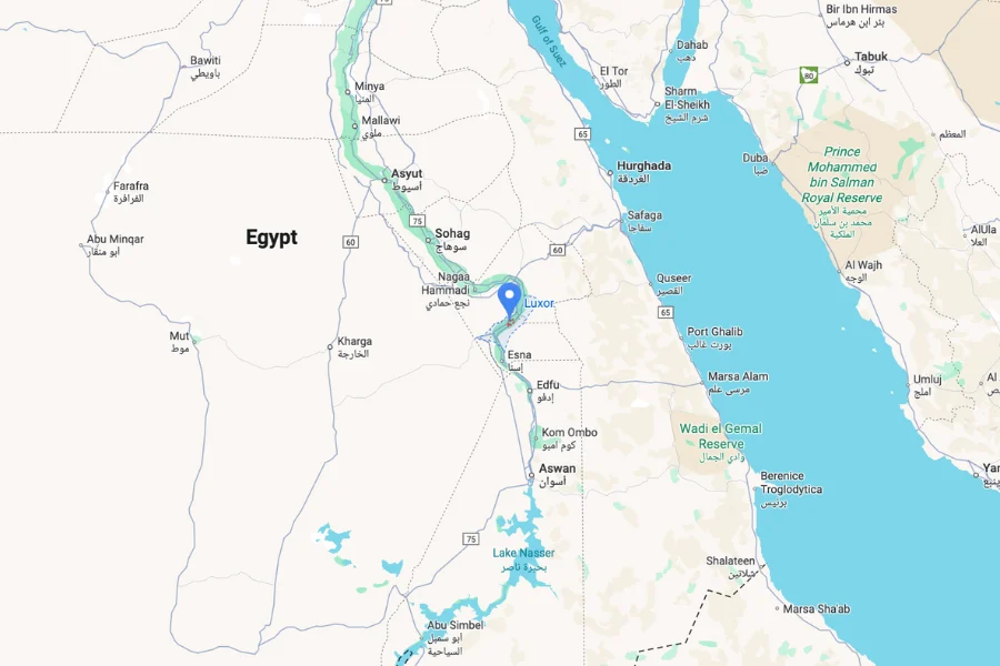 Thebes Egypt map showing Luxor location in Upper Egypt