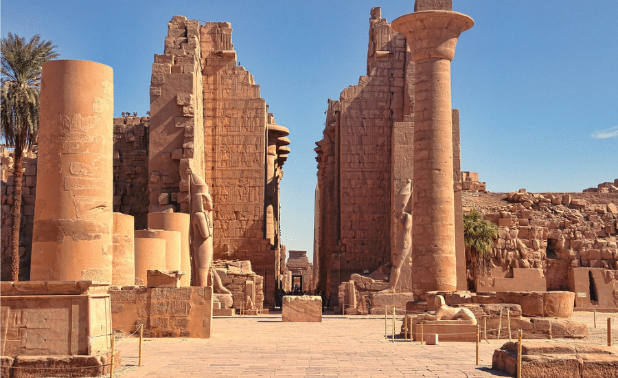 Karnak Temple Luxor Egypt ancient temple complex dedicated to the god Amun with giant columns and statues.