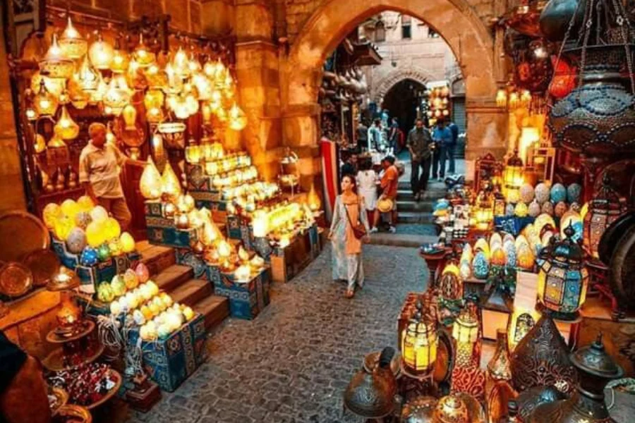 A female tourist from our company exploring Khan El Khalili Street in Cairo.
