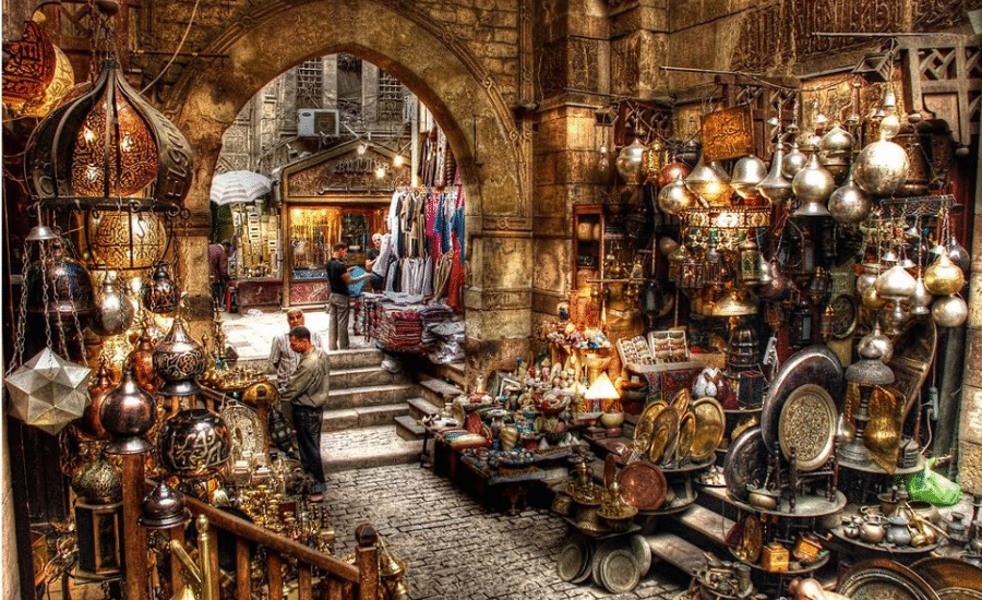 Khan El Khalili Bazaar in Cairo, Egypt traditional market full of local crafts, spices, and souvenirs.