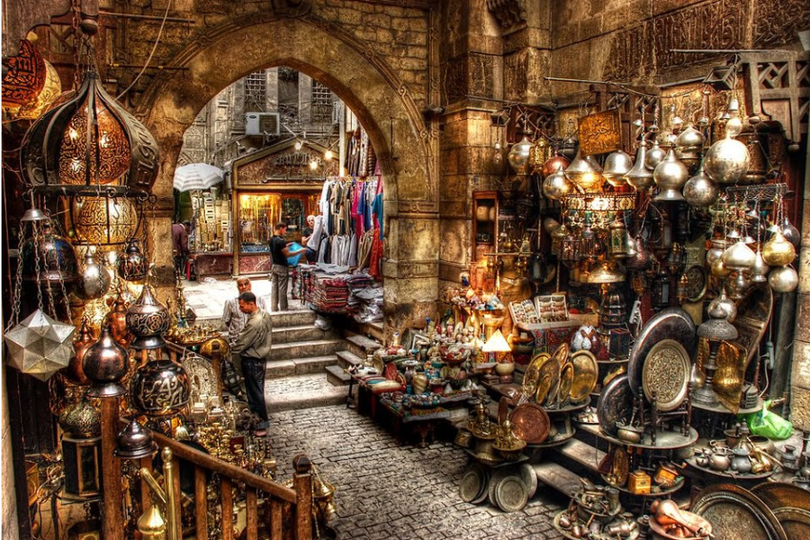 Khan El Khalili Bazaar in Cairo, Egypt traditional market full of local crafts, spices, and souvenirs.