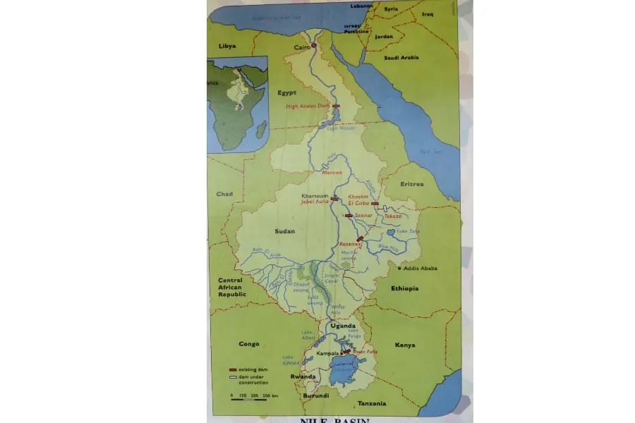 Map showing the full length of the Nile River from East Africa to the Mediterranean Sea