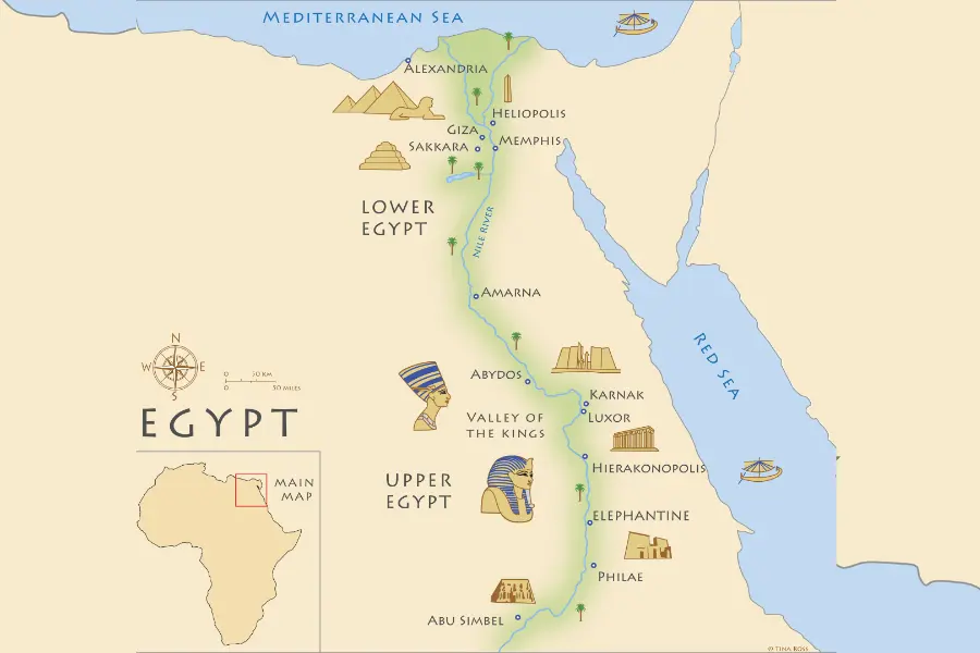 Nile River in Egypt flowing from Aswan to Luxor, Giza, and Cairo