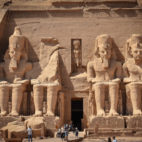 Abu Simbel Temple in Aswan with colossal statues of Ramses II at the entrance - 13 Days Egypt Christmas Tours – Nile Cruise, Cairo and Hurghada