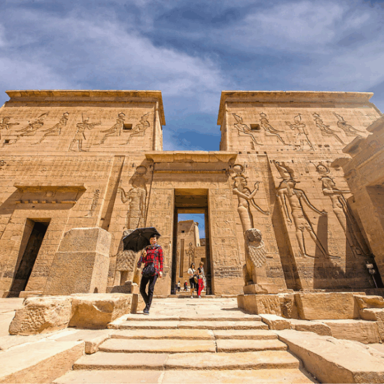 Philae Temple on Agilkia Island surrounded by the Nile River in Aswan.