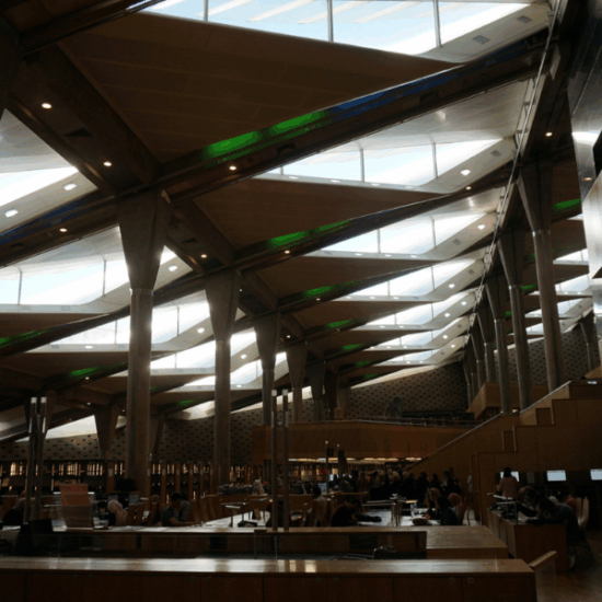 Interior view of the Bibliotheca Alexandrina with modern architecture and reading halls - 13 Days Nile Cruise, Cairo and Hurghada Christmas Tours