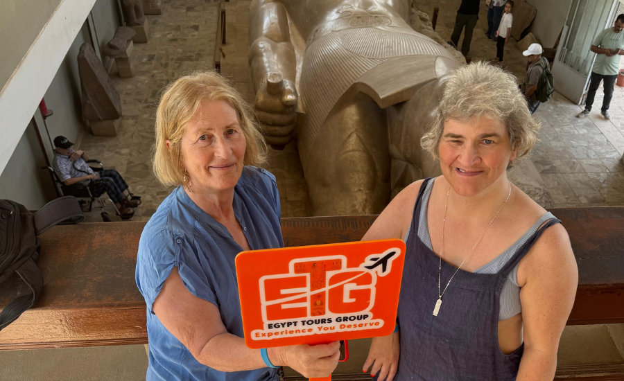 Two senior female travelers visiting the Grand Egyptian Museum in Giza a part of our 8 Days Cairo, Abu Simbel, Luxor & Hurghada