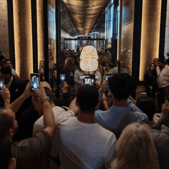 The golden mask of King Tutankhamun displayed at the Grand Egyptian Museum in Giza, Egypt.