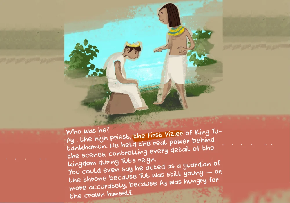 Ay studying the royal court, preparing his rise to power in Ancient Egypt.