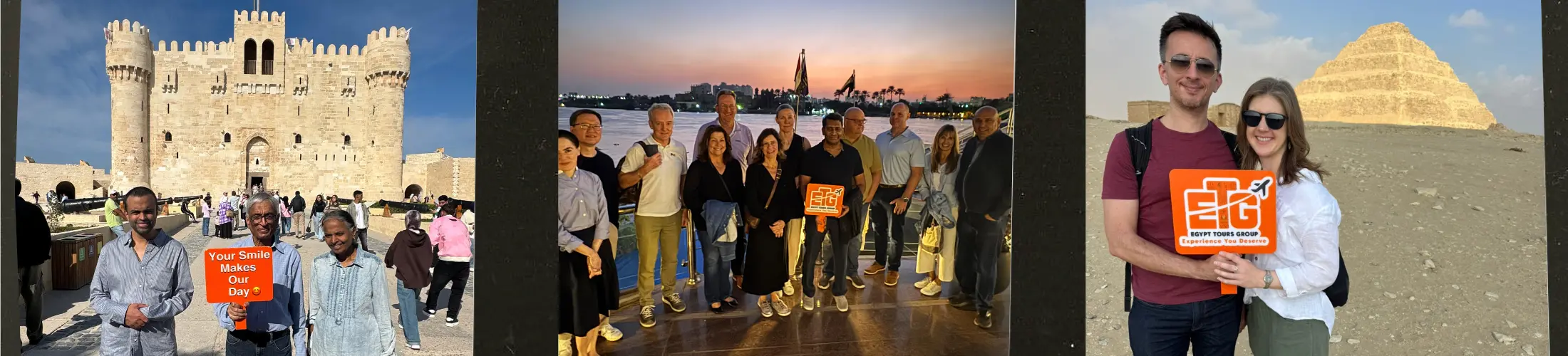 Happy travelers enjoying Egypt Budget Tours at Alexandria, Nile Cruise, and Saqqara Pyramids