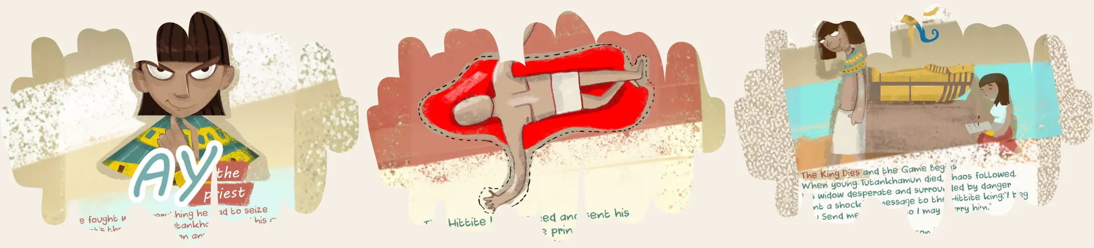 Illustrated scenes showing Vizier Ay, the Hittite prince, and events surrounding Tutankhamun’s final days.