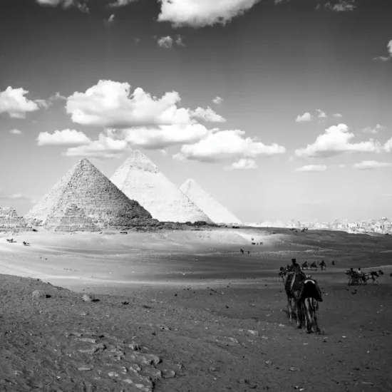 The Pyramids of Giza rising on the Giza Plateau in Egypt