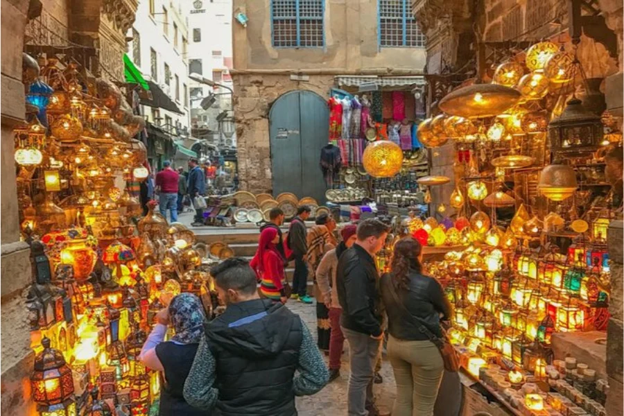 Crowds and lights in Khan El-Khalili Street, Cairo, Egypt