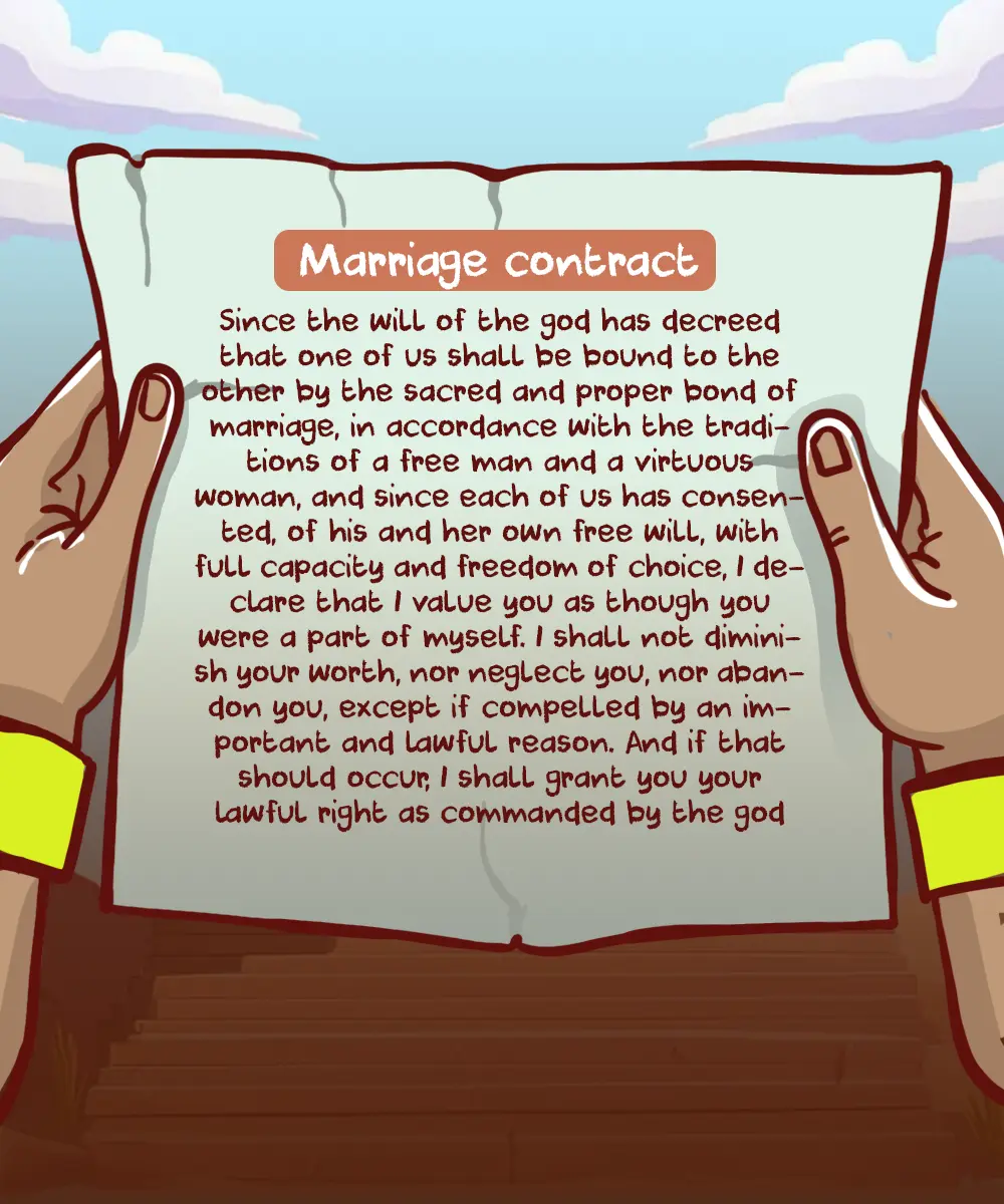 Illustrated ancient Egyptian marriage contract text Illustration of an ancient Egyptian marriage contract text inspired by historical sources