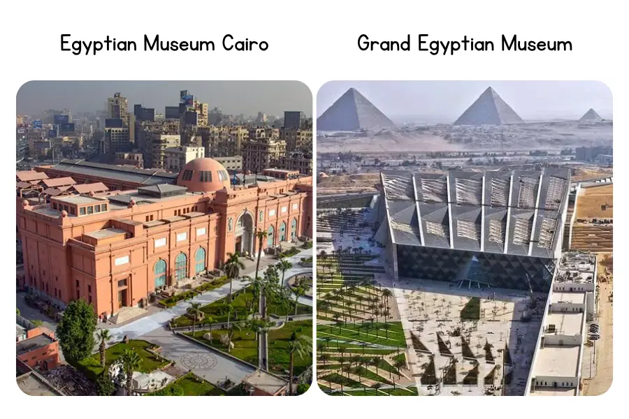 Egyptian Museum in Cairo and Grand Egyptian Museum showing the contrast between classic and contemporary architecture