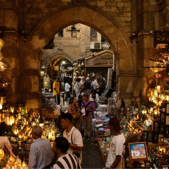 Khan El Khalili Street illuminated at night in Cairo