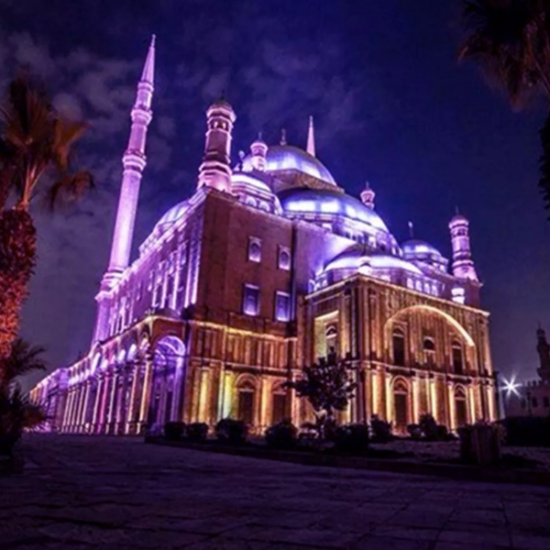 Mohamed Ali Mosque illuminated at night in Cairo