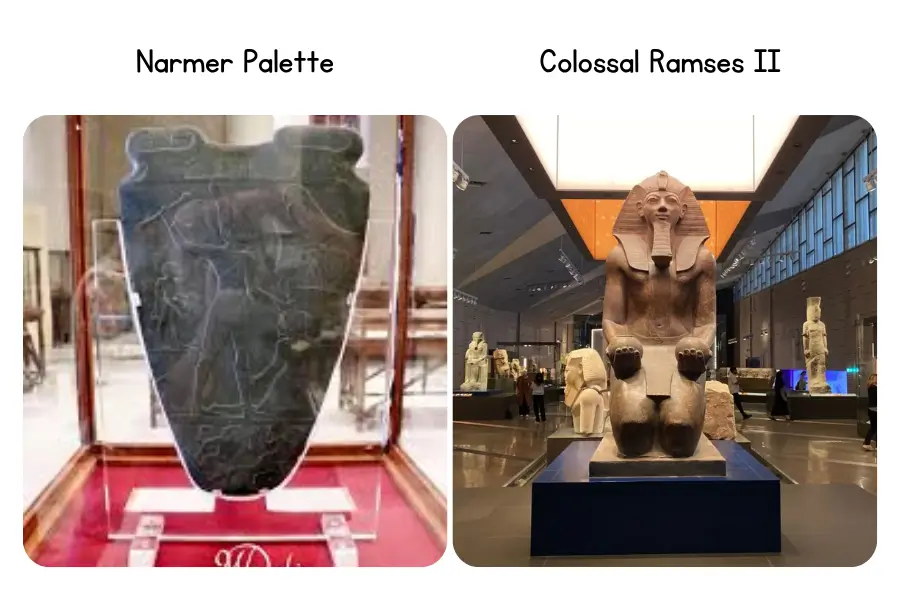 Narmer Palette and Colossal Ramses II statue in the Egyptian Museum and the Grand Egyptian Museum