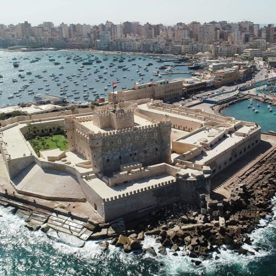 Qaitbay Citadel bronze view surrounded by the Mediterranean Sea