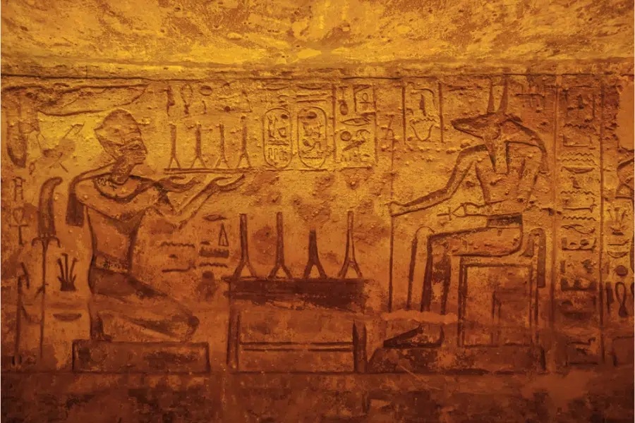 Bas relief of Ramesses II offering to Anubis at Abu Simbel