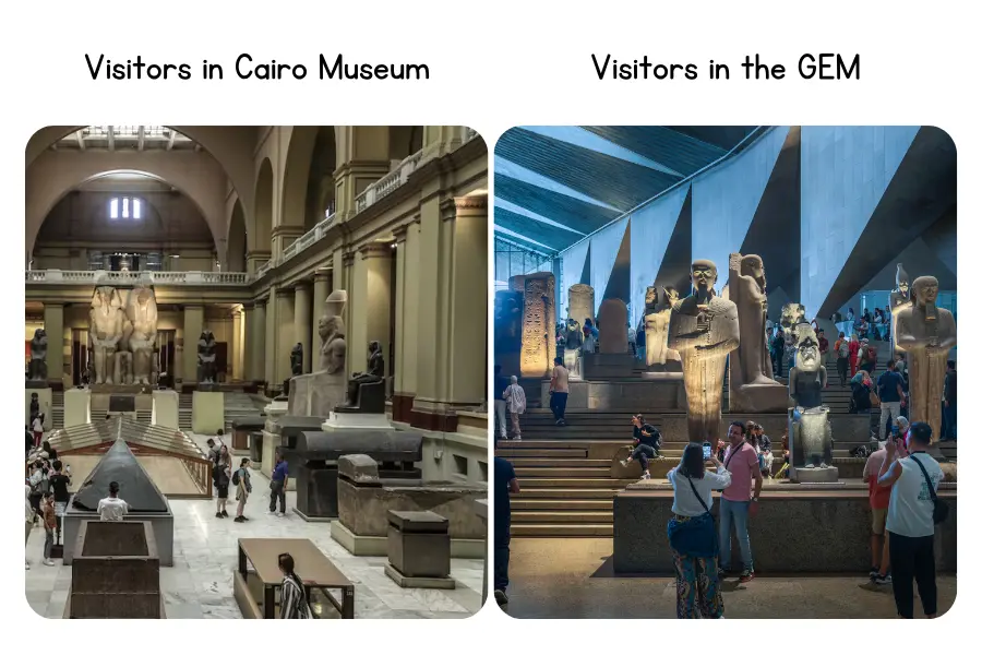 Visitors inside the Egyptian Museum in Cairo and the Grand Egyptian Museum showing two different museum experiences