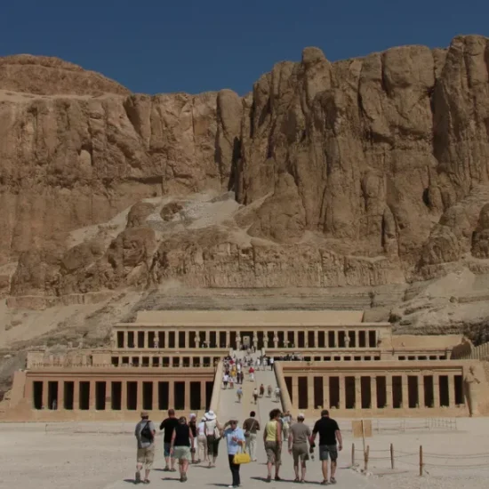 Tourists at Hatshepsut Temple exterior part of our 5 Days Cairo and Luxor Budget Tour