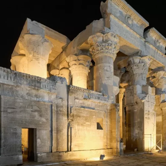 Kom Ombo Temple illuminated at night, part of our 10 Days Cairo, Nile Cruise & Alexandria Family Tour Package