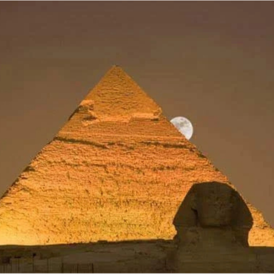 Pyramids and Great Sphinx at sunset