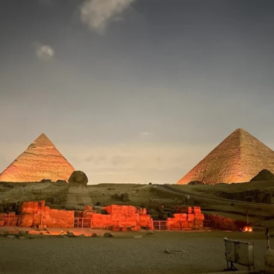 The Pyramids of Giza during the sound and light show a part of our 6 Days Cairo, Luxor, Aswan & Abu Simbel Family Holiday