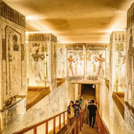 Valley of the Kings interior walkway with visitor, a part of our 13 Days Cairo, Alexandria, Luxor & Aswan Family Tour