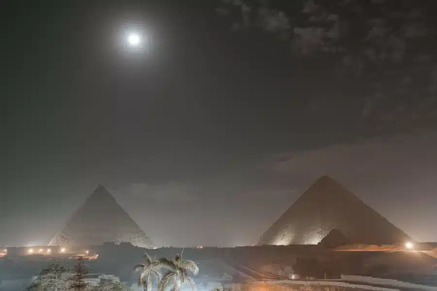 Pyramids of Giza at night