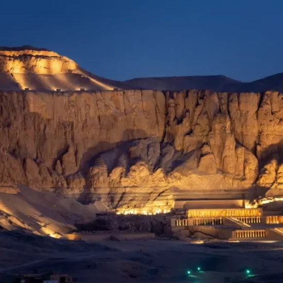 Hatshepsut Temple aerial view at night, a part of our 12 Days Cairo, Hurghada, Alexandria, Luxor & Aswan Family Tour