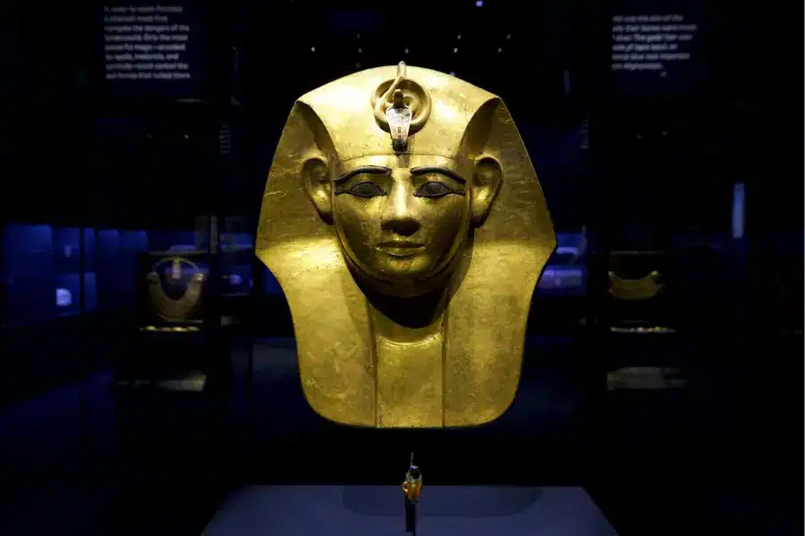 Gold pharaoh mask on display at the Ramses Exhibition in London