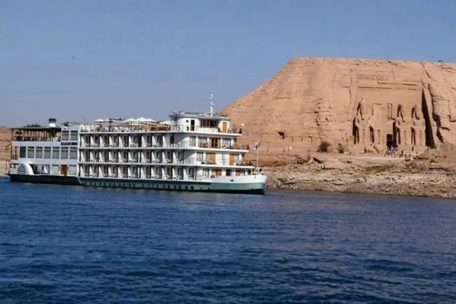 Nile cruise ship sailing near the Abu Simbel temples in southern Egypt