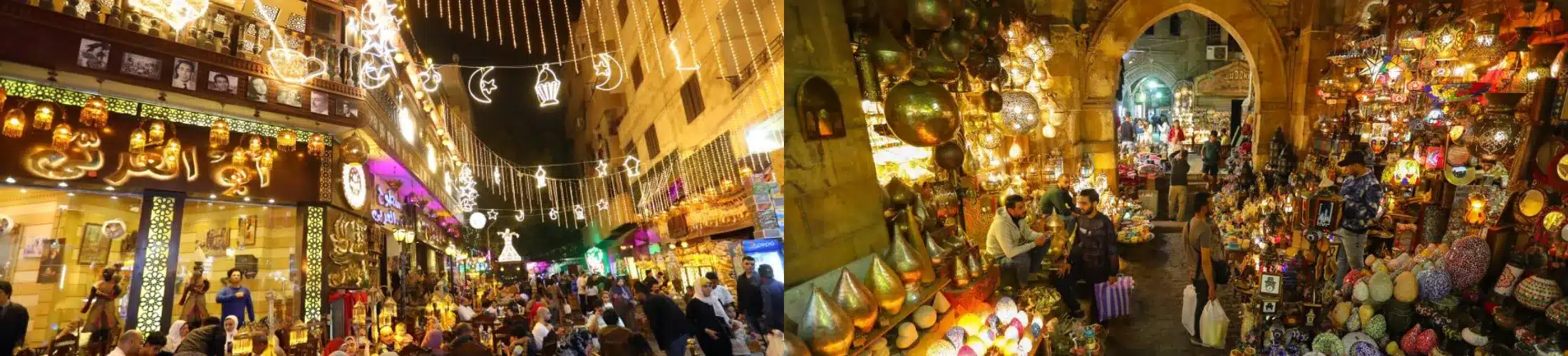 Ramadan tours in Egypt showing the vibrant night atmosphere of Khan El Khalili market in Cairo decorated with traditional Ramadan lanterns.