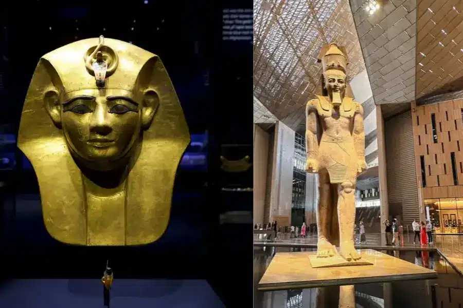 Gold pharaoh mask from the Ramses exhibition in London beside the colossal Ramesses II statue at the Grand Egyptian Museum (GEM).