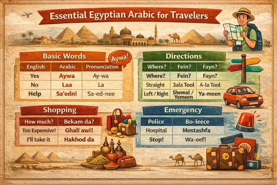 Quick survival cheat sheet with essential Egyptian Arabic phrases for travelers visiting Egypt.