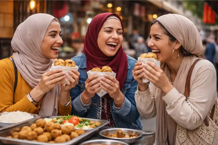 Women enjoying local food in Egypt during a lively everyday street moment - Egyptian Slang Words