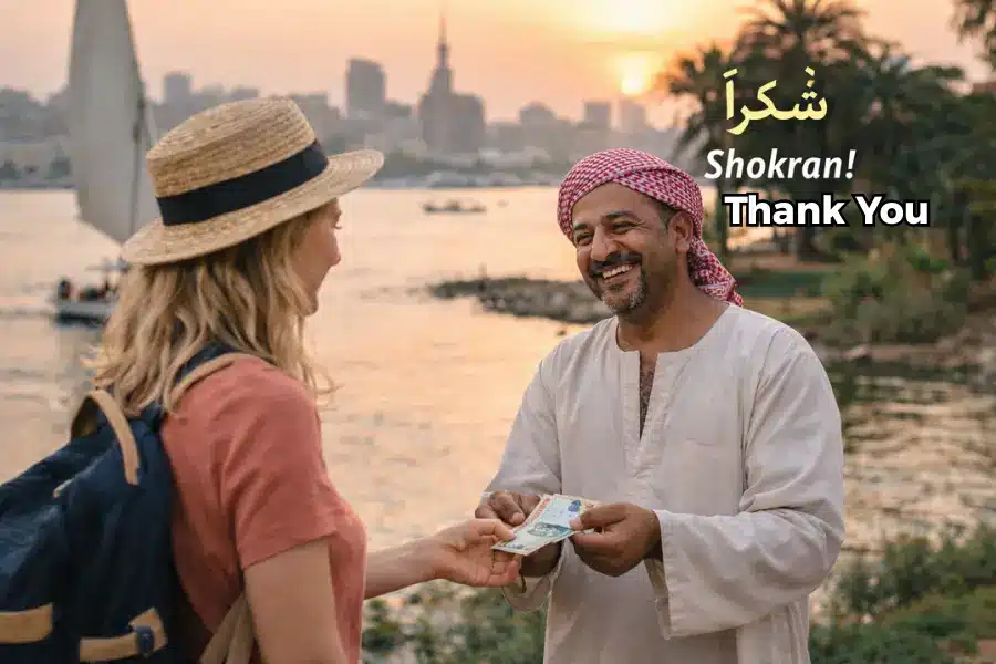 Tourist using the Egyptian Arabic word Shokran to say thank you during a friendly interaction in Egyptر