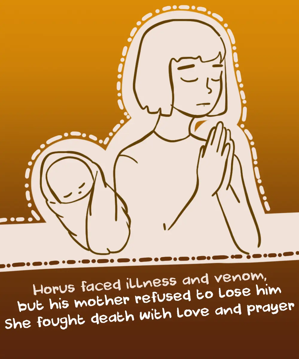 Isis praying to protect sick Horus in ancient Egyptian mythology - Isis and Horus story in ancient Egypt