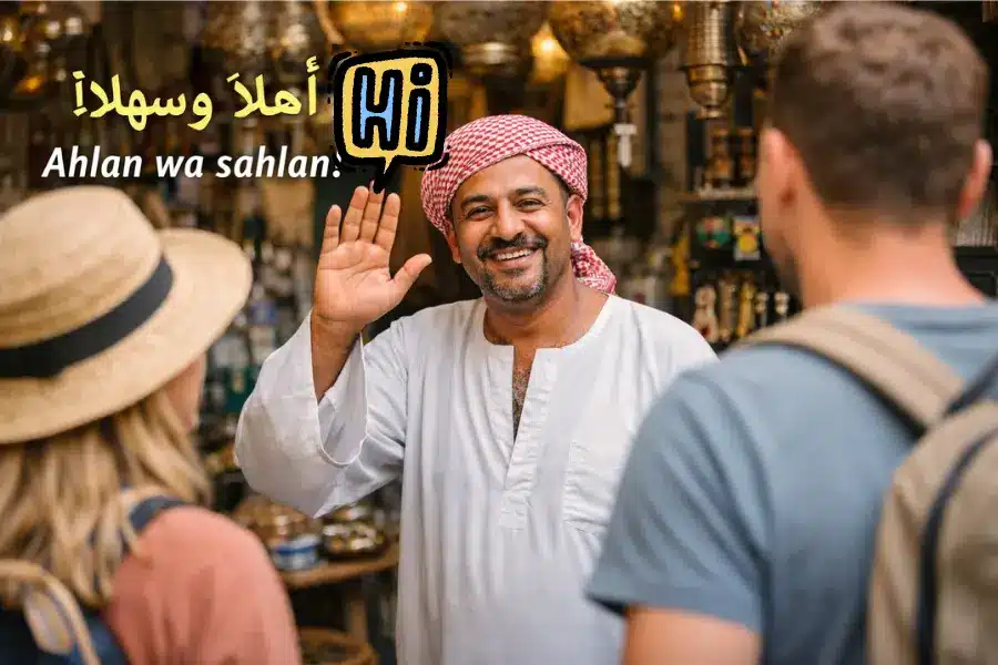 Tourists greeted with Ahlan wa sahlan during a friendly Egyptian Arabic conversation in a local market