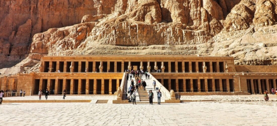 Tourists on the steps of Hatshepsut Temple, a part our 6 Day Cairo, Alexandria, Luxor & Abu Simbel Cheap Tour