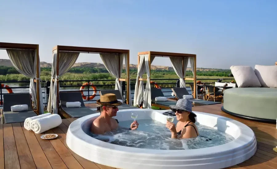 Guests relaxing in the jacuzzi on the MS Mayfair Nile Cruise sundeck