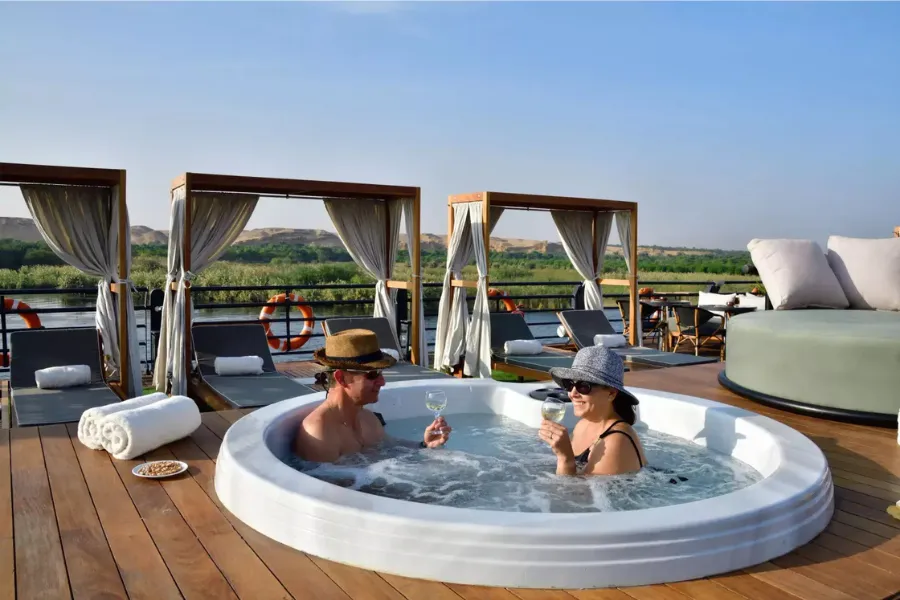 Guests relaxing in the jacuzzi on the MS Mayfair Nile Cruise sundeck