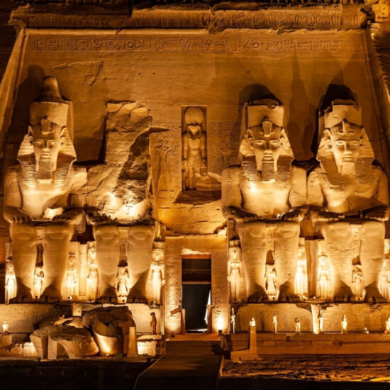 Abu Simbel Temple illuminated with lights at night