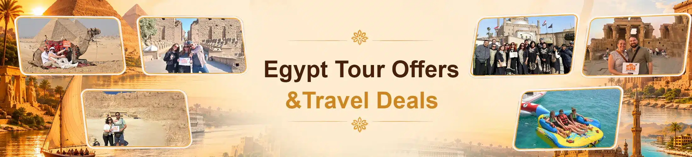 Egypt Tour offers page cover featuring real travelers enjoying Egypt tours, pyramids, temples, Nile views, and Red Sea activities